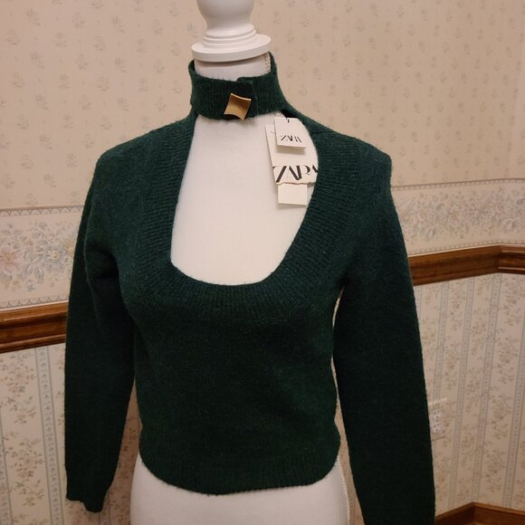 ZARA HUNTER GREEN CROP SWEATER WITH  KEY HOLE NECK BAND XS - Picture 1 of 7